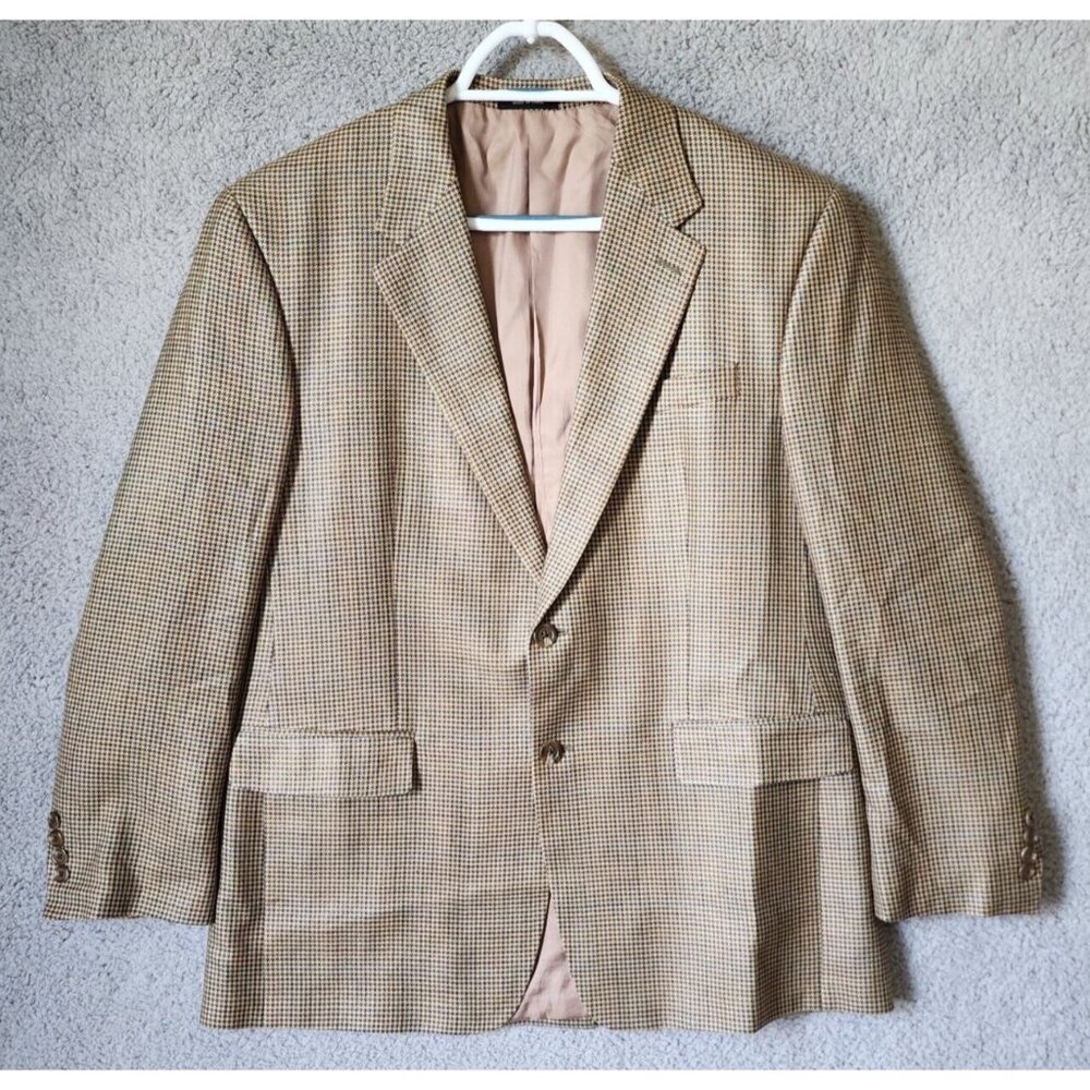 CHAPS Beige Houndstooth‎ Blazer Sport Coat Suit Jacket Men's Size 42 R 100% Silk